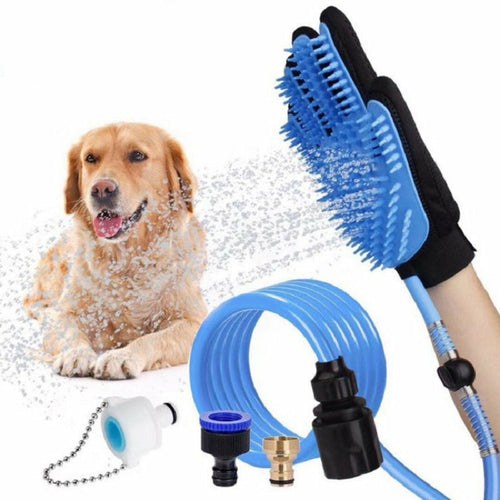 Blue pet dog shower head handheld cat bathing tool with massage gloves and hose attachments