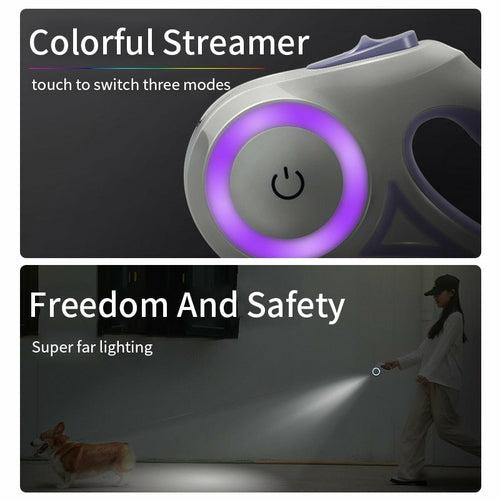 Automatic Retractable Lighting Dog Leash with built-in beam light and RGB streamer ring for safe night walks